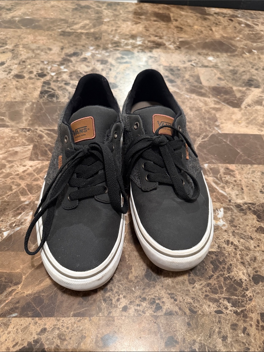 Vans Black Canvas Low-Top Sneakers with White Sole and Brown Accent - Picture 1 of 6